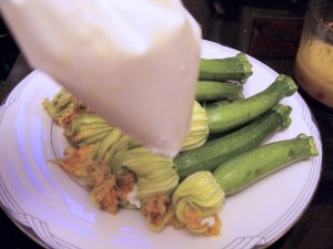 Piping bag and squash blossoms.