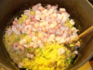 Ready for the last little mix; langoustines, peas, and cheese all added