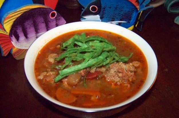 With the fried corn tortilla strips; these were spinach corn tortillas, for colour primarily.