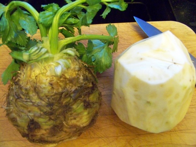 Celeriac, before and after a trim.
